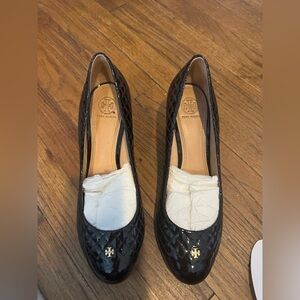 Tory Burch Black Quilted Patent Leather Logo Wedges